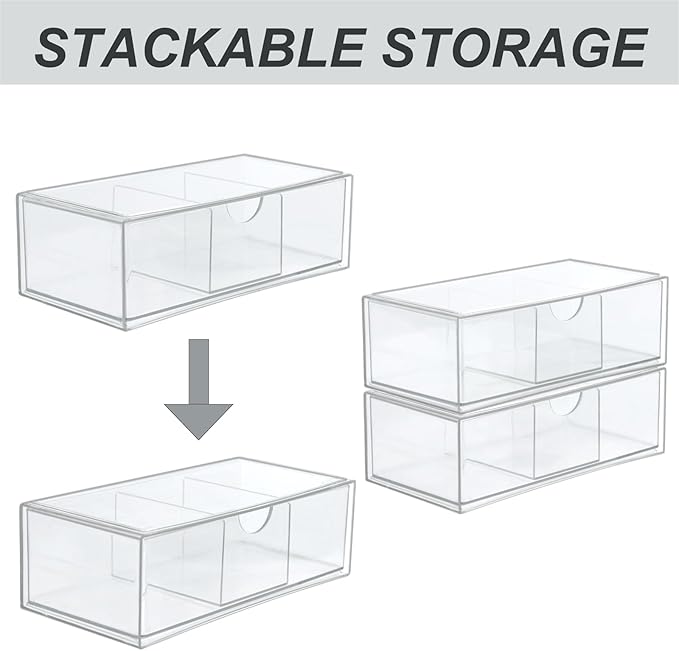Set of 2 Stackable Storage Drawers - 7.8" Clear Plastic Drawer Storage, Acrylic Makeup Organizer, Desk Counter Cabinet Office Organizer, Bathroom Organizers and Storage (3 Grid/Set of 2)-DeskLoop Office