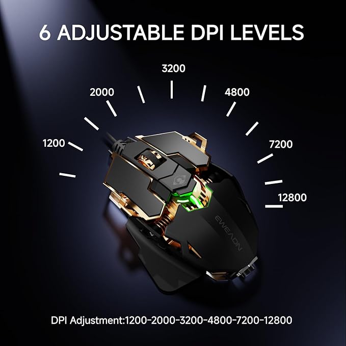 EWEADN G5 Wired Gaming Mouse, Ergonomic RGB Computer Mouse, 12800 Adjustable DPI, 9 Programmable Macro Buttons with Rapid Fire Key Compatible for PC/Laptop/Windows- Black&Gold-DeskLoop Office