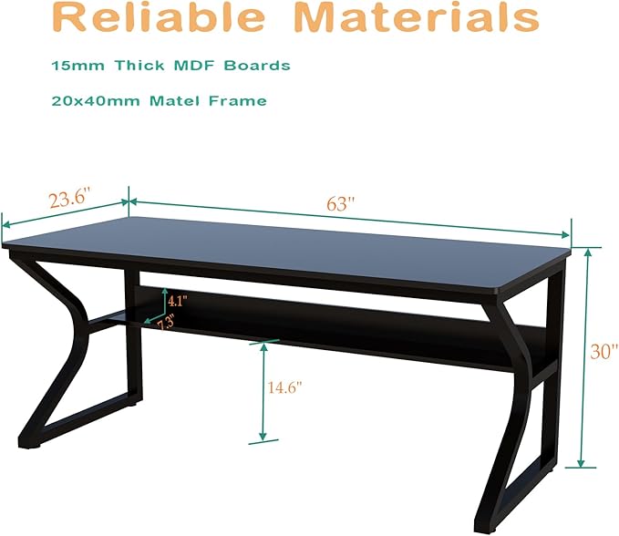 Extra Long Desk with Bookshelf - 63" Double Long Writing Table for 2-Person Workstation, Modern Study Work Computer Desk for Home and Office, Black-DeskLoop Office