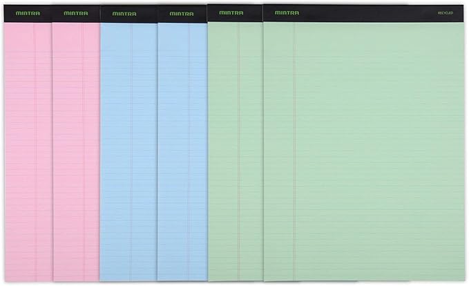 Mintra Office Legal Pads, ((Basic 6pk - (Pastel Version #3), 8.5in x 11in, Narrow Ruled)) - Includes 2 Blue Writing Pads, 2 Pink Writing Pads and 2 Green Writing Pads-DeskLoop Office