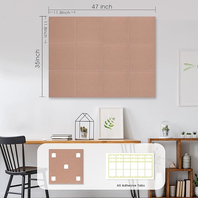 Large Cork Board for Office Wall Decor,48"x36"-12 Pack Felt Wall Tiles with Safe Removable Adhesive Tabs, 1/2" Thick, Felt Bulletin Board Pin Board Cork Boards for Walls - Salmon Pink-DeskLoop Office