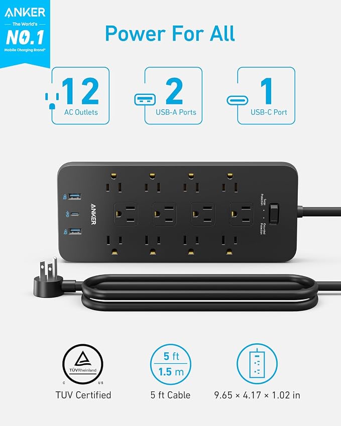 Anker Power Strip with 2100J Surge Protector, Outlet Extender, 5ft Extension - Image 2