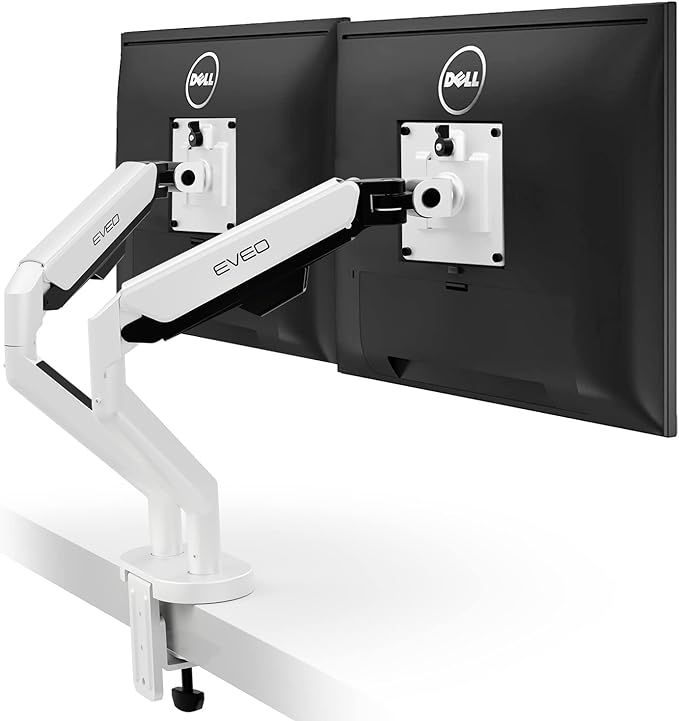EVEO Premium Dual Monitor Mount 14"-35” Dual Monitor Arm VESA Bracket Adjustable Height Gas Spring Dual Monitor Stand, Screen Full Motion Dual Monitor Arm-Computer Monitor Stand for 2 Screens - White-DeskLoop Office
