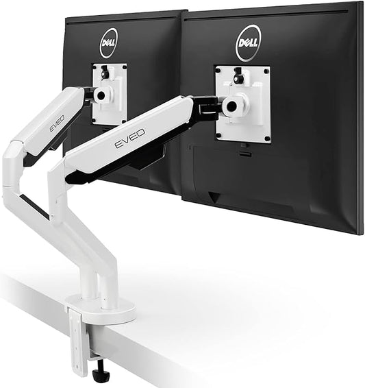 EVEO Premium Dual Monitor Mount 14"-35” Dual Monitor Arm VESA Bracket Adjustable Height Gas Spring Dual Monitor Stand, Screen Full Motion Dual Monitor Arm-Computer Monitor Stand for 2 Screens - White-DeskLoop Office