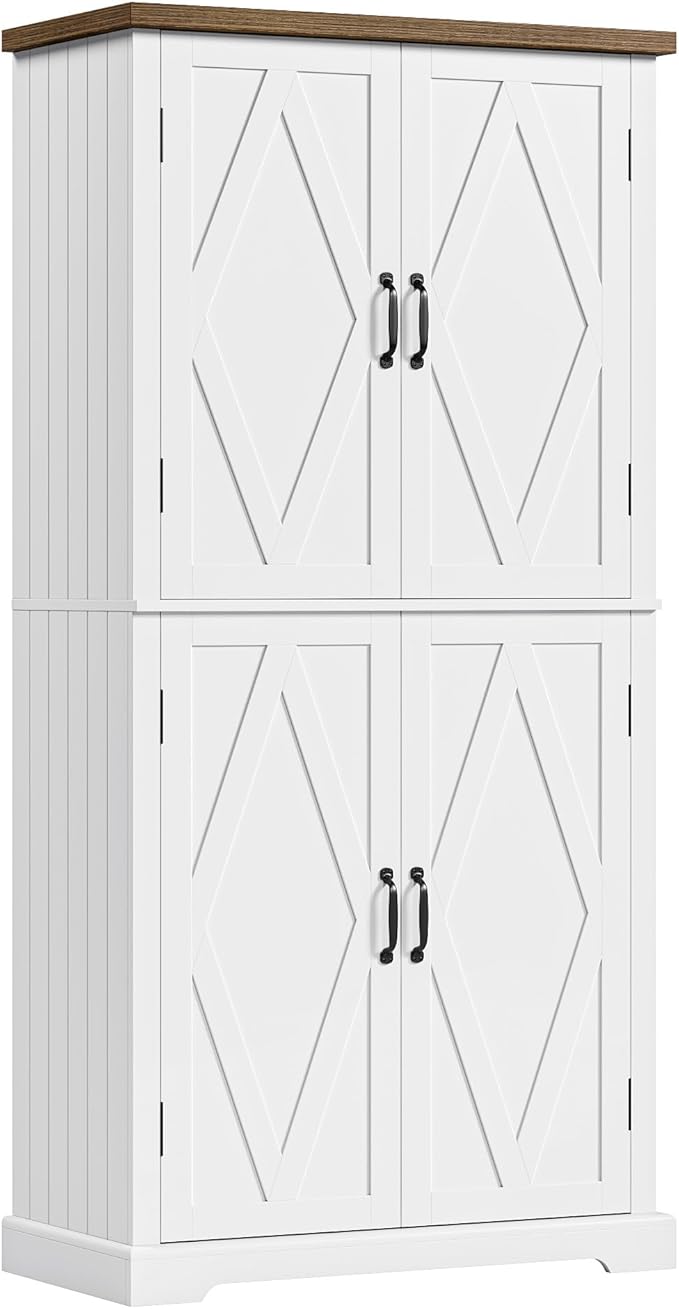 HOSTACK 64" Tall Pantry Cabinet, Modern Farmhouse Kitchen Pantry, Wood Bathroom Storage Cabinet, Large Bookcase, 4 Doors|Adjustable Shelves, for Dining Room, Living Room, Home Office, White-DeskLoop Office