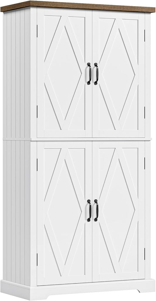 HOSTACK 64" Tall Pantry Cabinet, Modern Farmhouse Kitchen Pantry, Wood Bathroom Storage Cabinet, Large Bookcase, 4 Doors|Adjustable Shelves, for Dining Room, Living Room, Home Office, White-DeskLoop Office