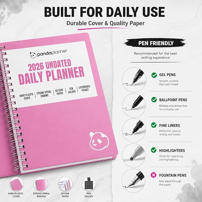 Panda Planner A5 Undated Daily Spiral Notebook 2026-2027, 5.75 x 8.25 Pink | - Image 5