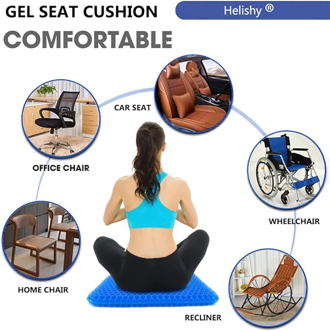 Gel Seat Cushion, Extra Large Breathable Honeycomb Gel Cushion, Absorbs Pressure Points Seat Cushion with Non-Slip Cover for Office Chair Home Cars Wheelchair (Standard, Blue)-DeskLoop Office