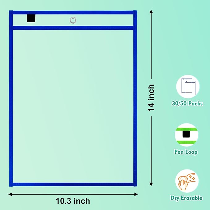 50 Packs Dry Erase Pocket Sleeves, Reusable Clear Plastic Classroom Sleeves - Image 4