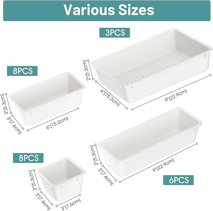 WOWBOX 25 PCS Plastic Drawer Organizer Set, 4 Sizes Desk Drawer Divider Organizers and Storage Bins for Makeup, Jewelry, Gadgets for Kitchen, Bedroom, Bathroom, Office, White-DeskLoop Office
