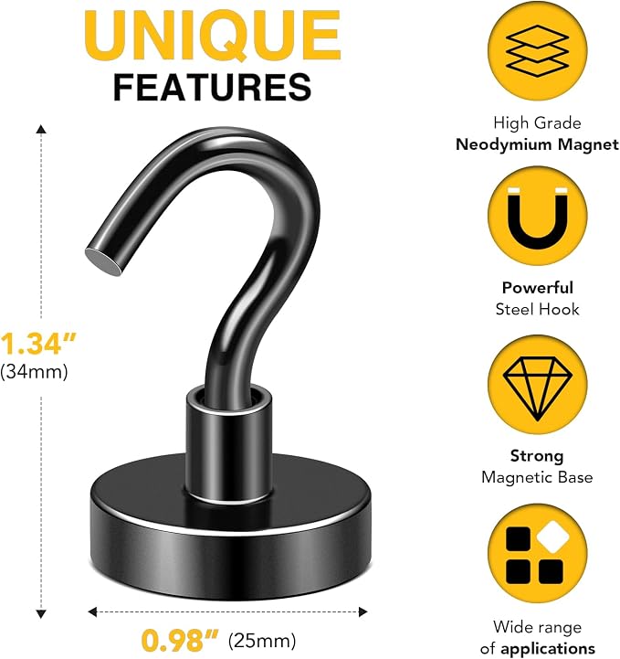 DIYMAG Black Magnetic Hooks, 85 LB Heavy Duty Strong Magnet - Image 2