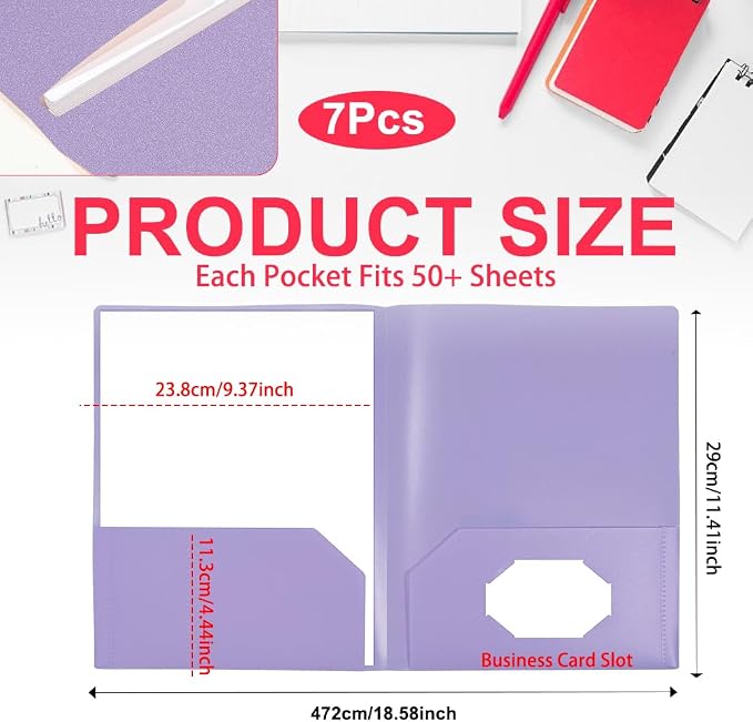 7 Pack Plastic Folders with Pocket, 2 Pocket Folder, File Folders with Business - Image 2
