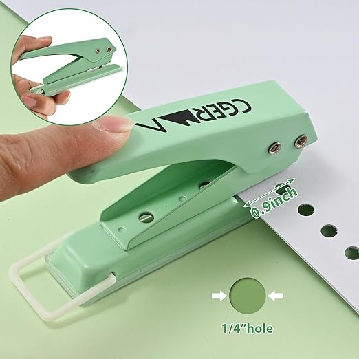 Single Hole Puncher, 1/4" Hole, 50% Labor Savings, Heavy Duty Metal Punch, 15 Sheet Capacity, for ID Cards, Chipboard, Art Project, Crafts Easy Punching, Green-DeskLoop Office