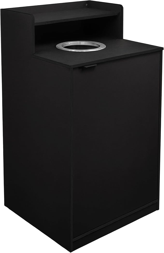 Flash Furniture Dell Trash Can Enclosure with Tray Shelf and 8" Drop Hole, Commercial Grade Trash Receptacle for 32 Gallon Round Cans, Swing Door Access, Black-DeskLoop Office