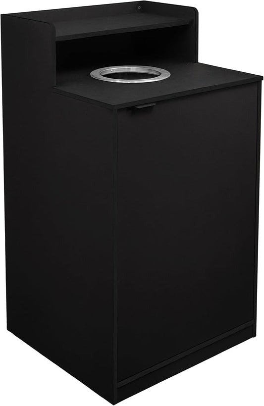 Flash Furniture Dell Trash Can Enclosure with Tray Shelf and 8" Drop Hole, Commercial Grade Trash Receptacle for 32 Gallon Round Cans, Swing Door Access, Black-DeskLoop Office