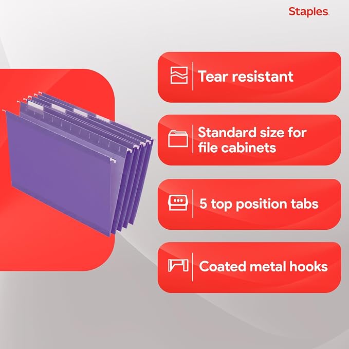 Staples Hanging File Folders, Letter Size, 1/5‑Cut Tabs, Tear‑Resistant - Image 4