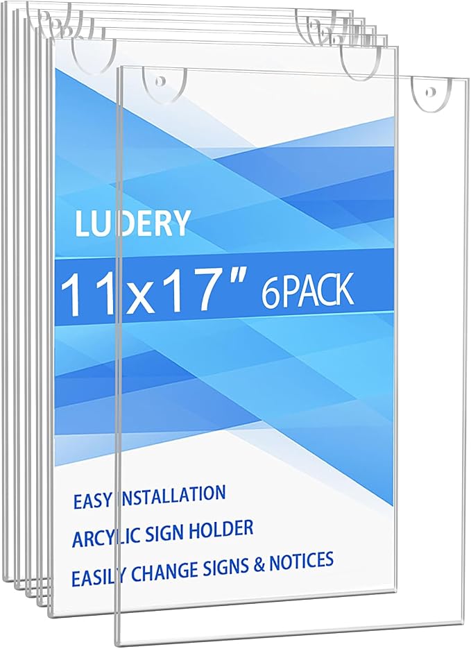 Acrylic Sign Holder 11x17 Vertical, Wall Mount Document Holder, Restaurant by Ludery