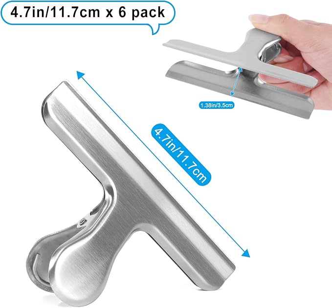 6 Pack Silver Chip Clips, 4.7 inch Stainless Steel Paper Clamps, Round Smooth - Image 2