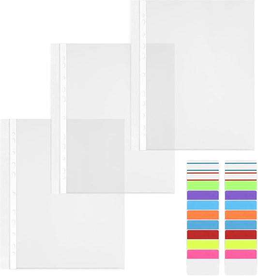 30 Pack A4 Plastic Sleeves Binder Pocket Dividers with 400 Tabs, Reusable Clear Page Protectors Index Dividers for 2/3/4 Ring Binder, Clear Plastic Sheet Protectors