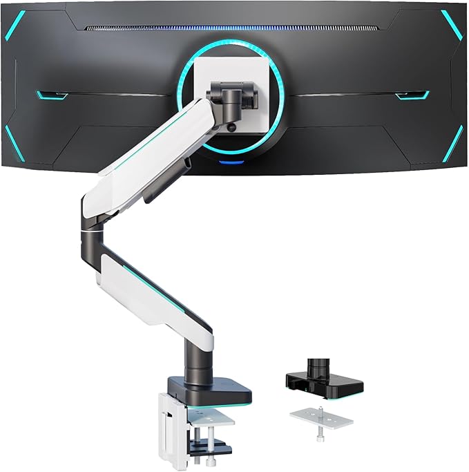 WALI Heavy Duty Monitor Arm, Monitor Stand for Screen up to 49 inch, 44 lbs, Aluminum Ultrawide Computer Mount for Samsung Odyssey G9, Adjustable, Mounting Holes 75 and 100 (GAM001XL), White-DeskLoop Office