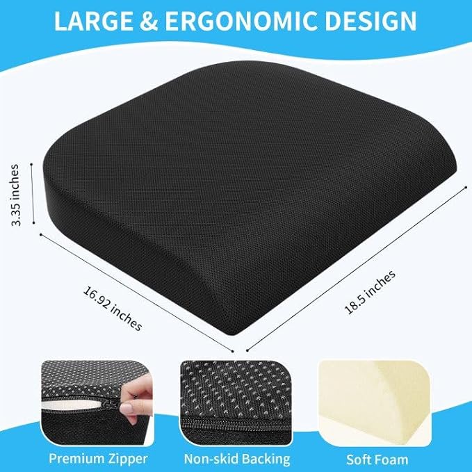 Large Seat Cushion, Soft Foam Cushion for Long Sitting Hours on Office Chair, Home & Car, Non-Slip Chair Pad for Relieving Back & Sciatica & Hip & Coccyx Pain (Black)