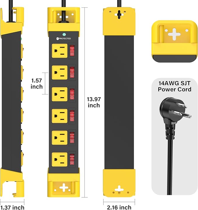 Heavy Duty Power Strip - 6 Outlet Power Strip with Individual Switches Cord Manager Surge Protector 1200J Home Office Garage Industrial Workbench-DeskLoop Office