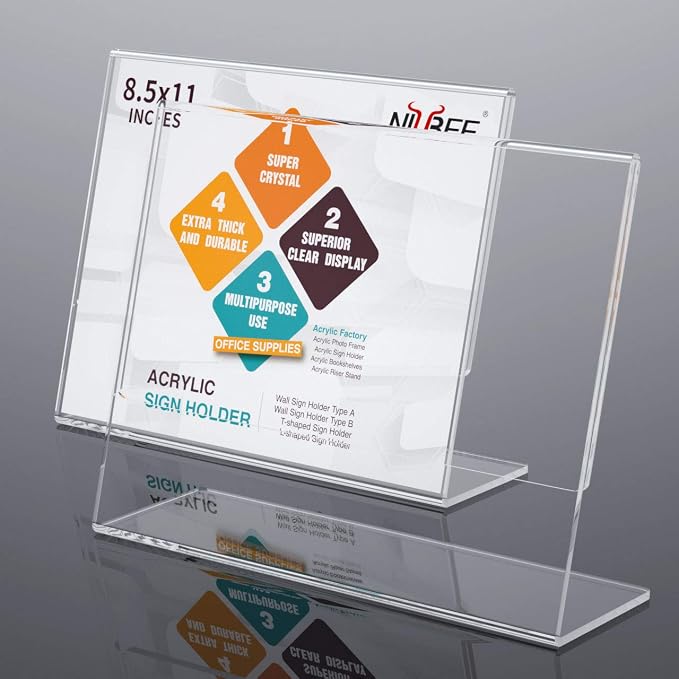NIUBEE Acrylic Sign Holder 8.5x11 Inches 12 Pack Horizontal, Slant Back Clear - Image 2
