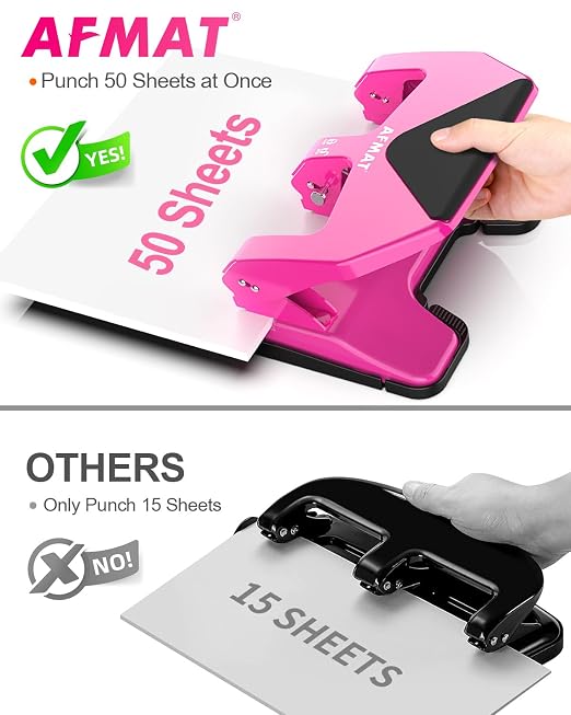 AFMAT 3 Hole Punch Heavy Duty, 50-Sheet Three Hole Punch, 50% Reduced Effort - Image 3