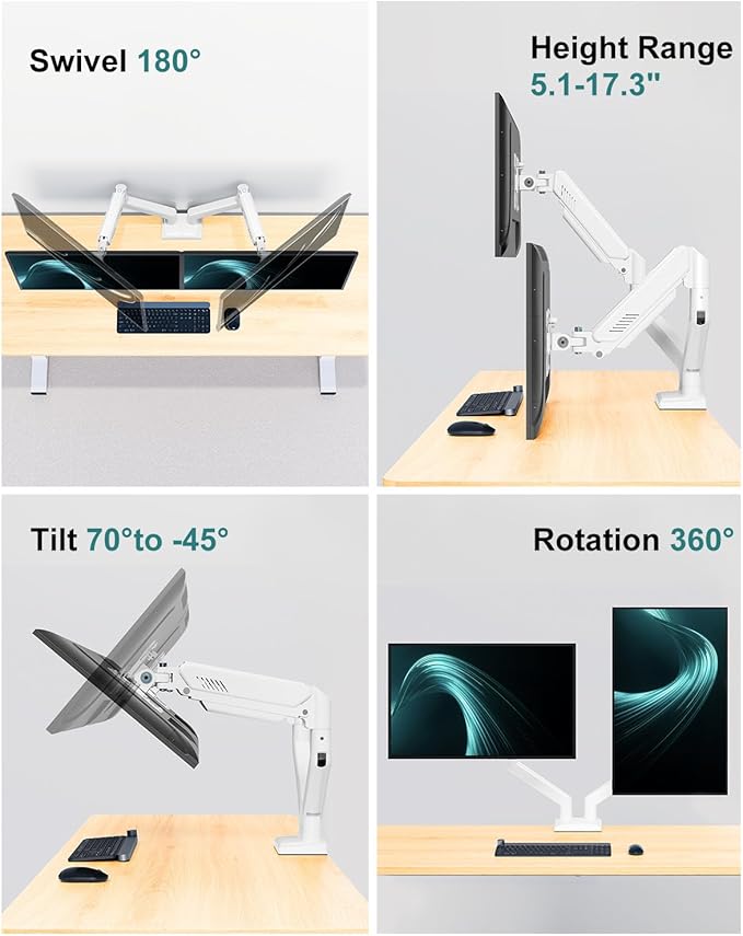 Dual Monitor Desk Mount - Adjustable Monitor Arm for 2 Monitors up to 32 inches/19.8 lbs, Double Monitor Stand VESA Bracket with C-Clamp & Grommet Mounting, Computer Screen Mount, White, Freelift-DeskLoop Office
