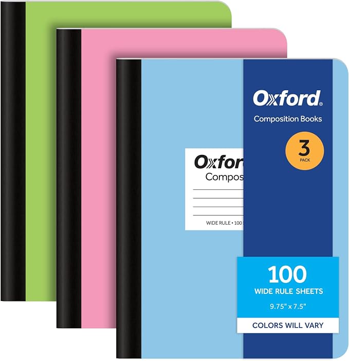 Oxford Composition Notebooks, 3 Pack, Cover Colors Vary, Wide Ruled Paper by Oxford