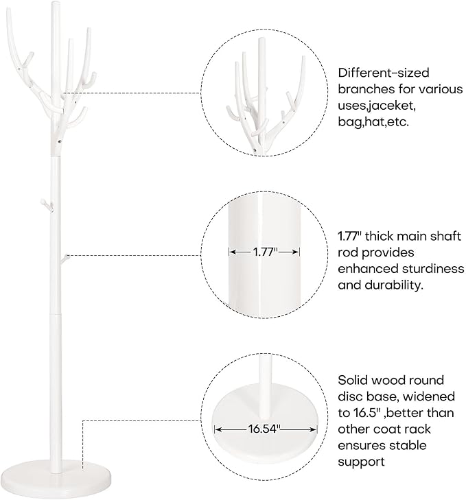 Coat Rack Freestanding, Wooden Coat Rack Stand with 16.5" Round Base, Tree Branch-look, 72" Coat Tree Standing Heavy Duty Clothes Hanger with 12 Hooks for Corner Entryway, White-DeskLoop Office