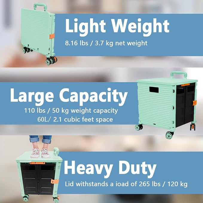 FELICON SELORSS Foldable Utility Cart Folding Portable Rolling Crate-Green | - Image 3