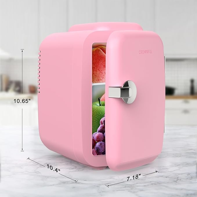 CROWNFUL Mini Fridge, 4 Liter/6 Can Portable Cooler and Warmer Personal Refrigerator for Skin Care, Cosmetics, Beverage, Food,Great for Bedroom, Office, Car, Dorm, ETL Listed (Pink)-DeskLoop Office