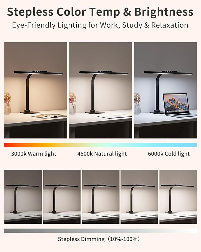Desk Lamps for Office with Stable Base, 24W Touch Control Brightness Adjustable Tall Desk Lights, Eye-Caring Architect Task Light, Dimmable Brightness & Color Computer Lights for Desktop, Black-DeskLoop Office