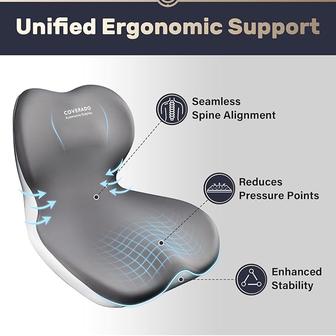 Coverado Seat Cushion and Lumbar Support Pillow One Piece for Car Office Chair, Ergonomic Memory Foam Desk Chair Cushion Back Support Pillow, Sciatica & Back & Tailbone Pain Relief Cushion-Gray-DeskLoop Office