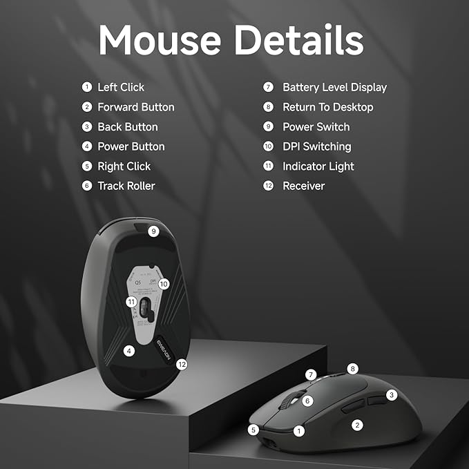 EWEADN Q5 Wireless Mouse, Bluetooth & 2.4G Quiet Computer Mouses with 1600 DPI, Battery Level Display, Ergonomic Office Mouse,6 Button Portable Cute Cordless Mice for Laptop/PC/Mac- Black-DeskLoop Office