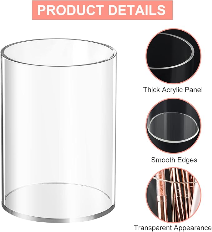Mototo 2 Pieces Clear Acrylic Pen Holder Round & Pencil Cup Clear Makeup Bush - Image 3