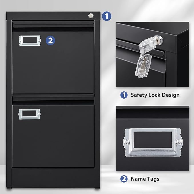 2 Drawer File Cabinet, Filing Cabinets for Home Office, Metal Vertical File Storage Cabinet with Lock, Locking File Cabinet for A4 Legal/Letter, 15.1" W x 17.7" D x 28.7" H, Assembly Required-DeskLoop Office