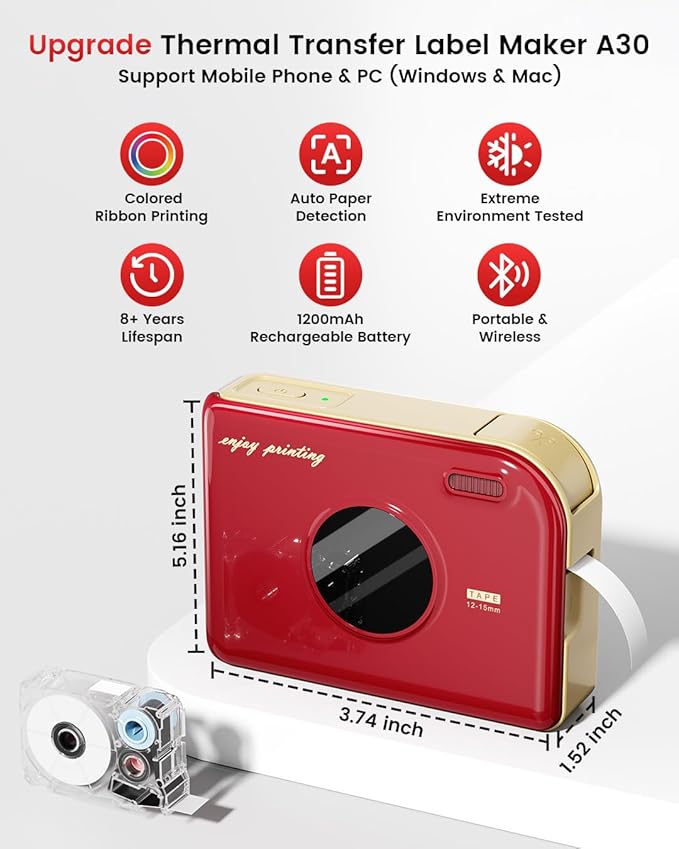 Phomemo A30 Label Maker, Mini Bluetooth Label Printer Thermal Transfer Printing Sticker Printer for Home Office Small Business School Students, Portable Label Maker, Works with Tablet, Phones & PC-DeskLoop Office