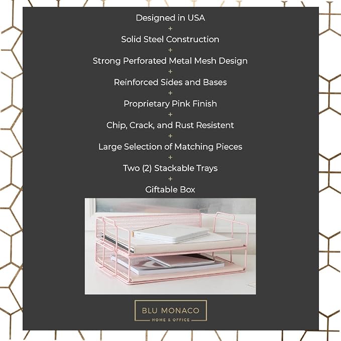 BLU MONACO | Paper Tray Stackable Pink Mesh Set of 2 | Stackable File Trays - Image 3