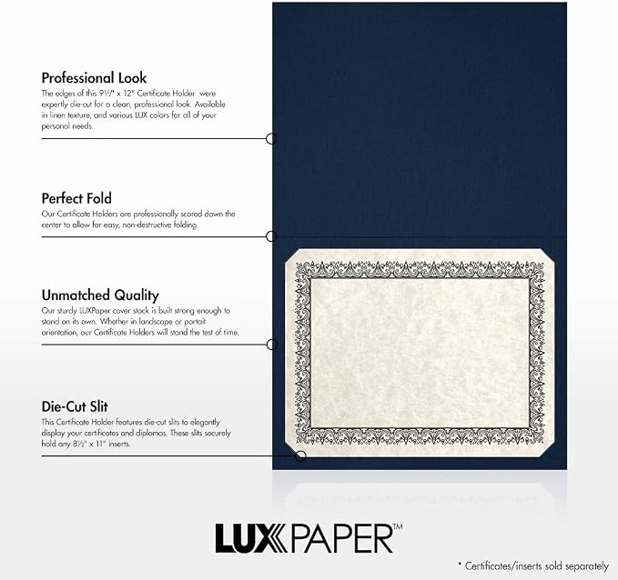 LUXPaper 9.5" x 12" Certificate Holders | Nautical Blue Linen | Embossed Silver - Image 2