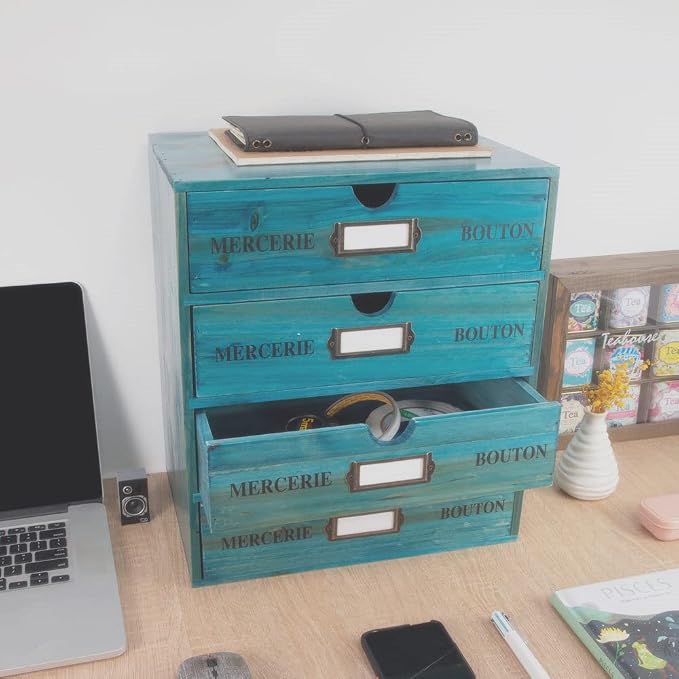 Wooden Storage Box with Drawers Vintage Office Supplies and Accessories Letter - Image 2