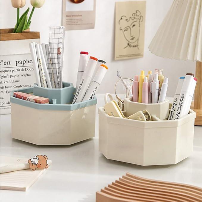 Desk Organizer, 360-Degree Rotating Multi-Functional Pen Holder, 5 Compartments Desktop Stationary Organizer, Home Office Art Supply Storage Box Caddy (White+Blue)-DeskLoop Office