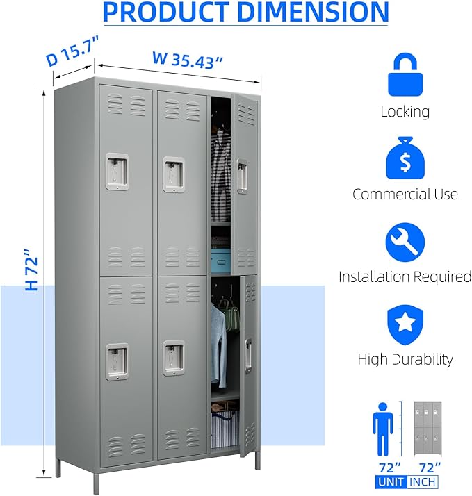 6 Doors Metal Lockers for Employees with Lock,Metal Storage Locker for Employees with 18 Hooks for School,Office, Gym,Home,Assembly Required,6 Doors Light Grey-DeskLoop Office