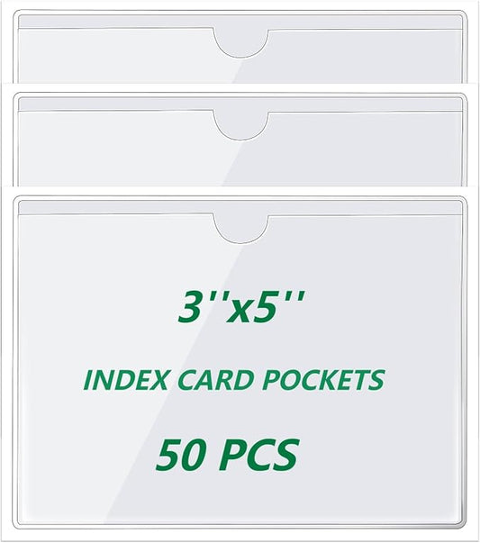zandfelo 50 Pack 3'' x 5'' Clear Adhesive Index Card Pockets, PVC Labels Holders by zandfelo