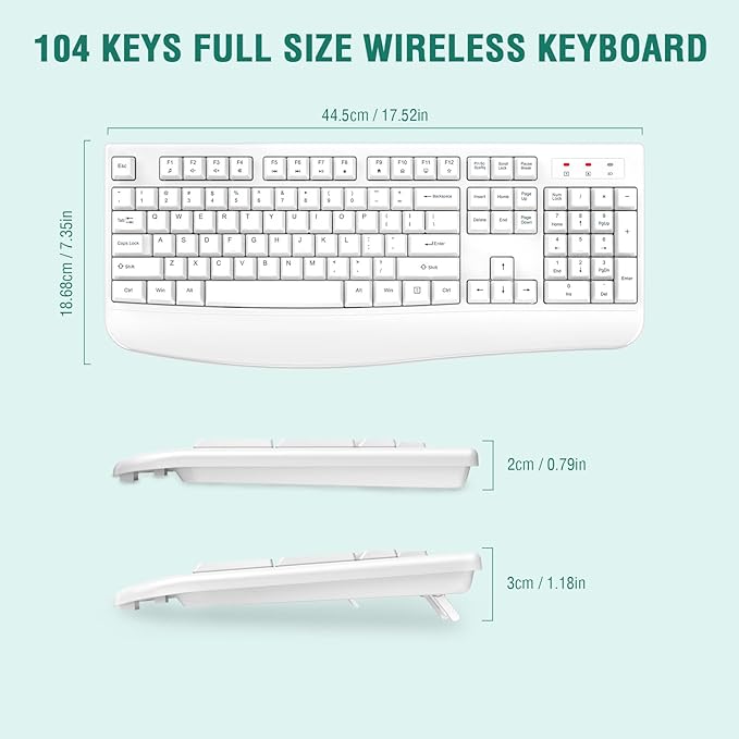 EDJO Wireless Keyboard, 2.4G Ergonomic Full Size Wireless Computer Keyboard with Wrist Rest for Windows, Mac OS Desktop/Laptop/PC（White）-DeskLoop Office