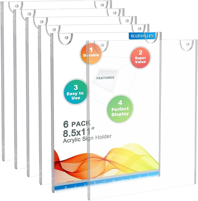 BlueValley Acrylic Sign Holder 8.5 x 11 Wall Mount, Plastic Paper Menu Holder by BlueValley