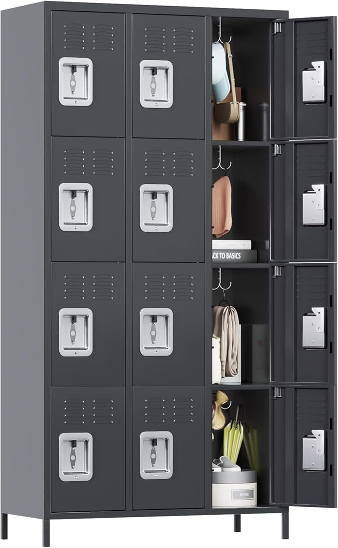 Metal Lockers for Employees with 12 Door and 12 Hooks,Metal Storage Locker with Lock for School Office Gym Bedroom,Assembly Required,Dark Grey-DeskLoop Office