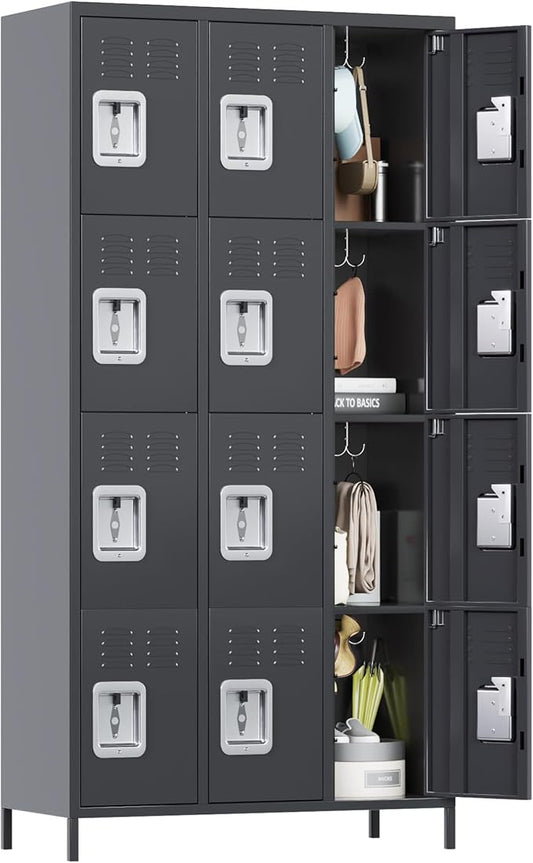 Metal Lockers for Employees with 12 Door and 12 Hooks,Metal Storage Locker with Lock for School Office Gym Bedroom,Assembly Required,Dark Grey-DeskLoop Office