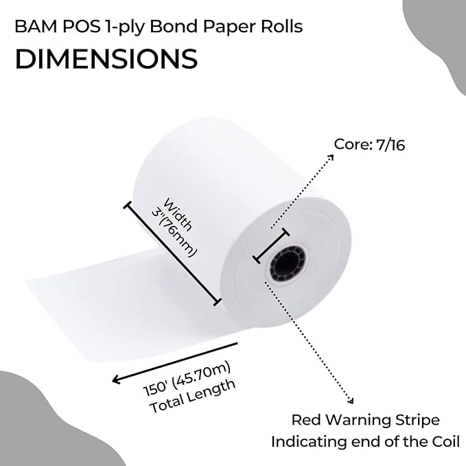 1Ply Bond Receipt Paper Rolls 3 x 150 White Paper for Kitchen Impact Printers TMU200 SRP275 Star SP700 Suitable For Printing Kitchen Tickets and Order receipts 24 Rolls Per Case-DeskLoop Office
